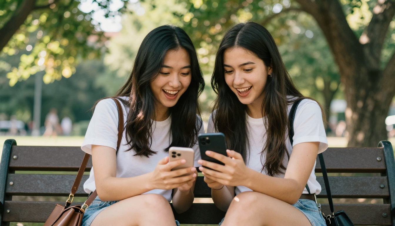 Two women in a park laughing over a phone screen