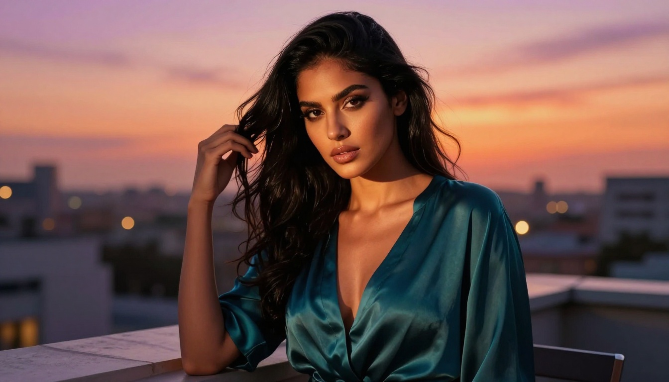 Beautiful woman with a magnetic gaze on a rooftop terrace at golden hour