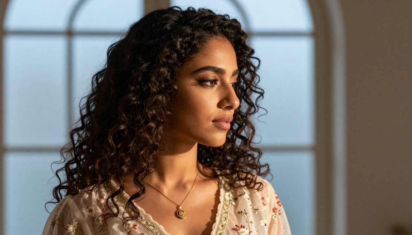 Middle Eastern woman in elegant sheer blouse in side-profile near arched window