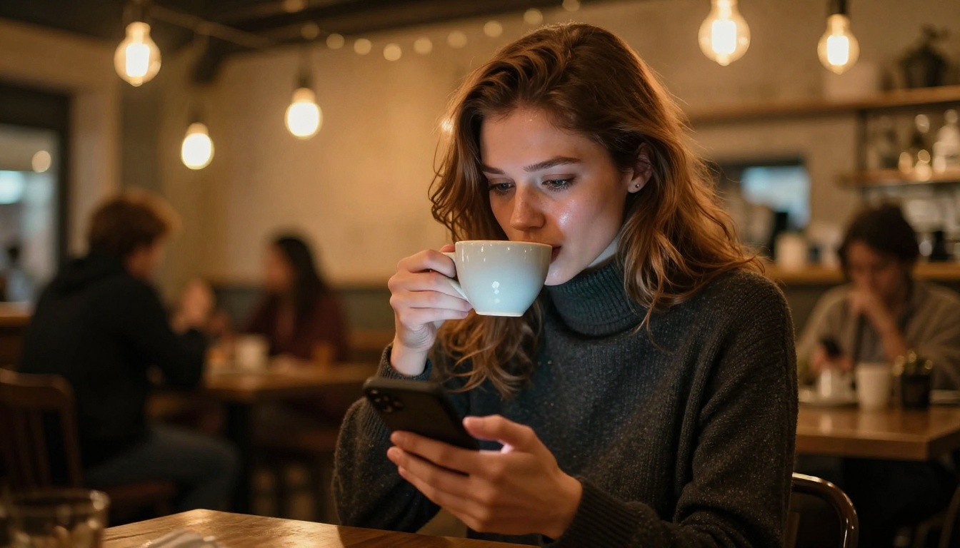 European woman in a warm café at night, sipping coffee and smiling at her phone, Edison bulbs glowing softly