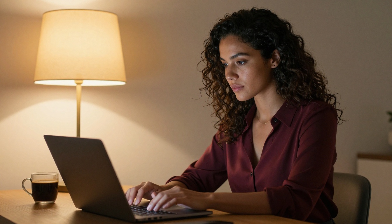 A beautiful Latina woman typing on a laptop at a minimalist desk, warm evening lighting, coffee nearby