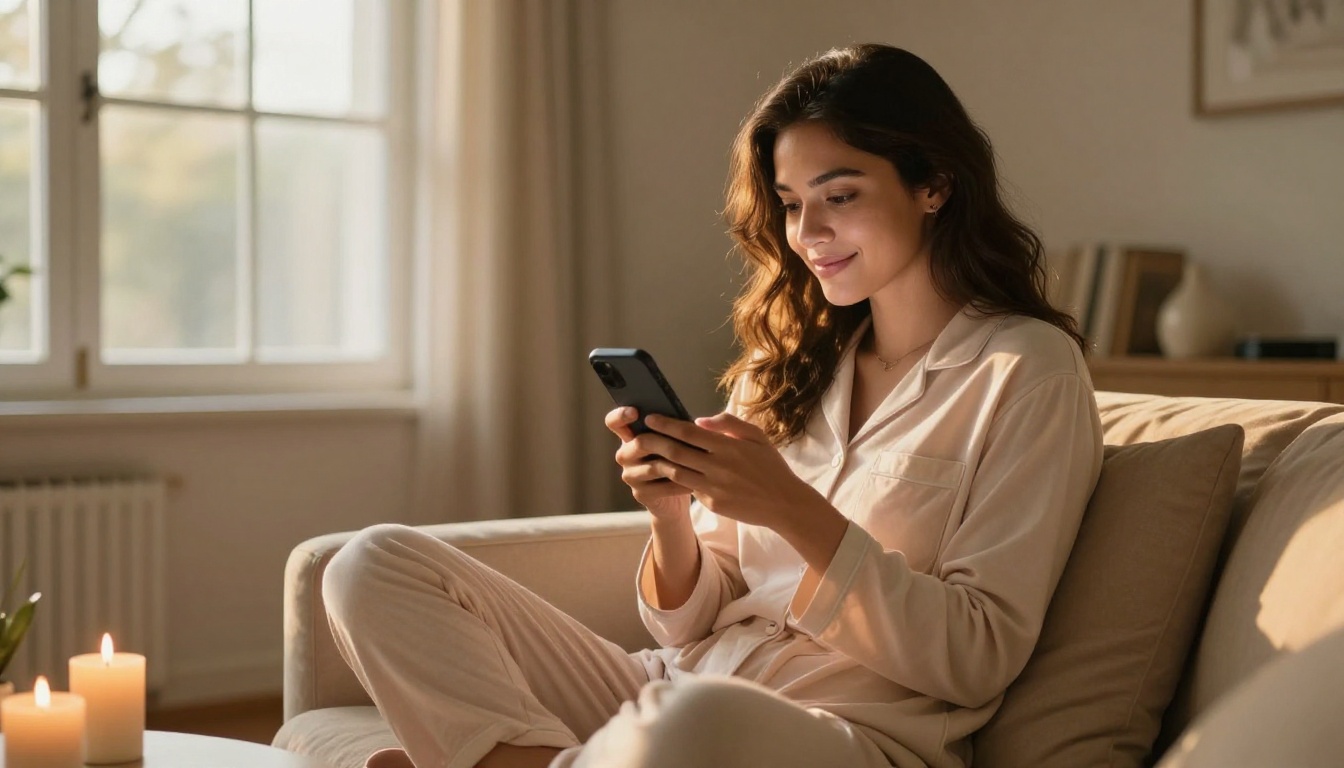 Latina woman in a home office, reading a message on her phone