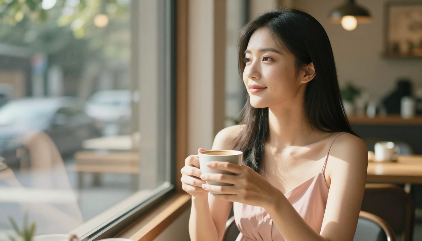 A beautiful Asian woman sitting in a sunny cafe holding a coffee cup, natural morning light, warm bokeh background