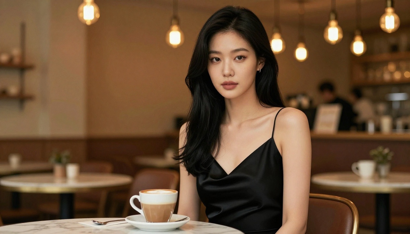 Korean woman at intimate café table with warm Edison bulb bokeh