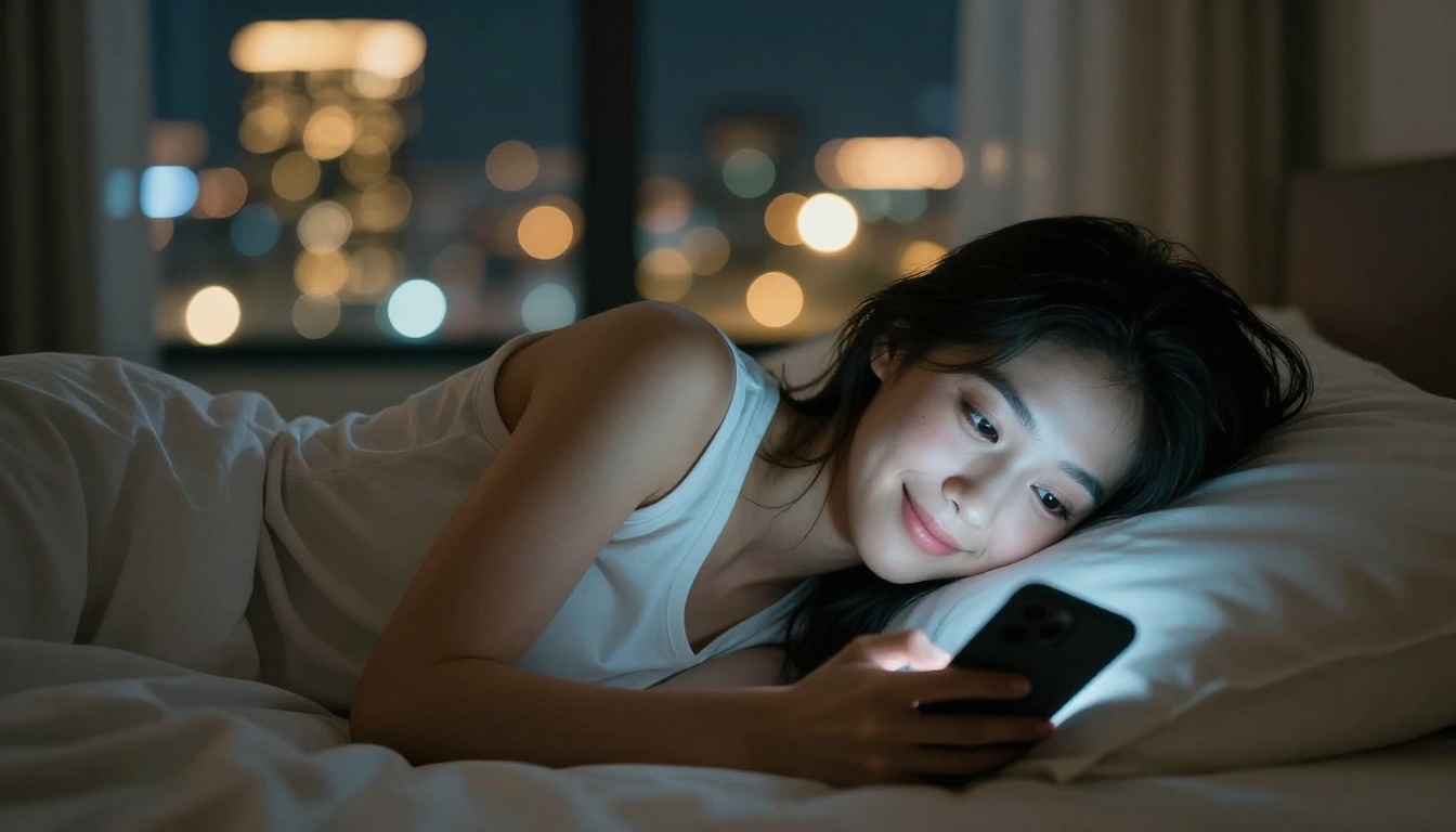 Young woman lying in bed at night, city lights bokeh glowing behind her, phone screen illuminating her face with warm glow