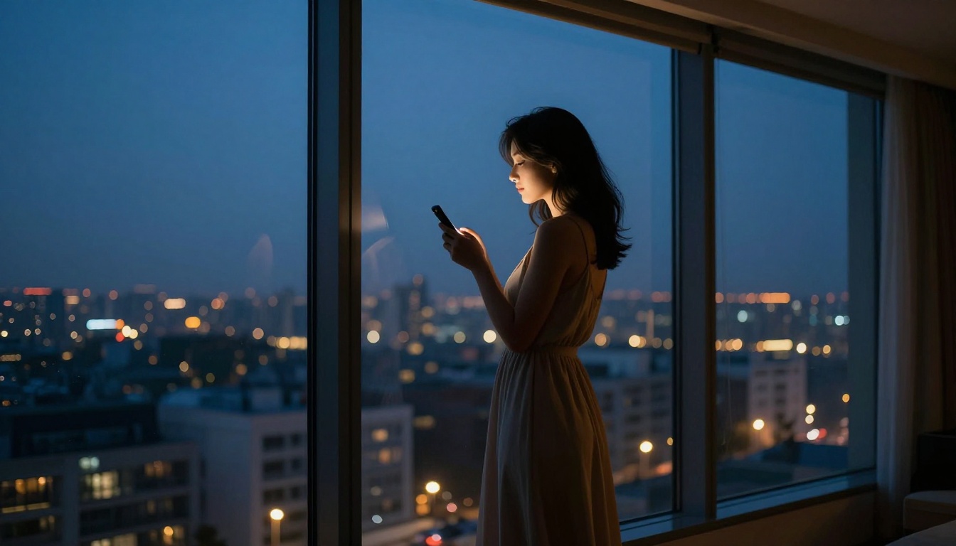 Woman silhouetted against a city window at dusk, phone to her chest