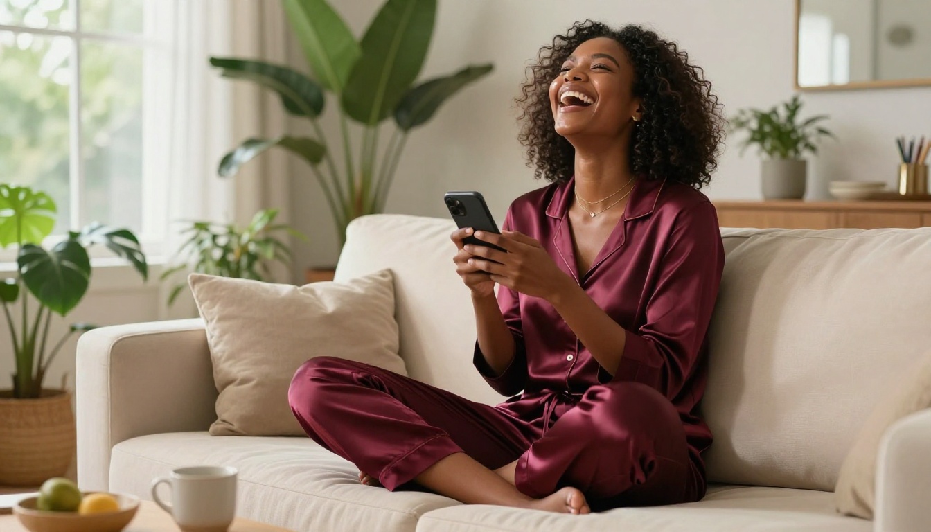 Beautiful Black woman throwing her head back in genuine laughter on a cream sofa, holding her phone, warm living room light