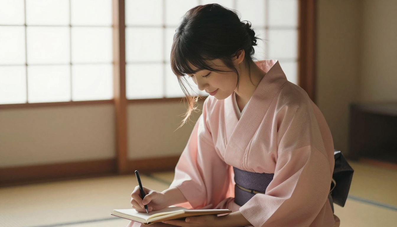 Young woman in a kimono-style robe writing in a journal, serene and intimate mood