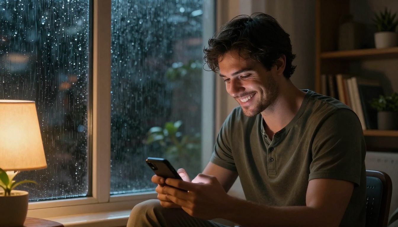 Man sitting by a large window with rain on the glass, warm interior lamp light, relaxed smile, typing on his phone