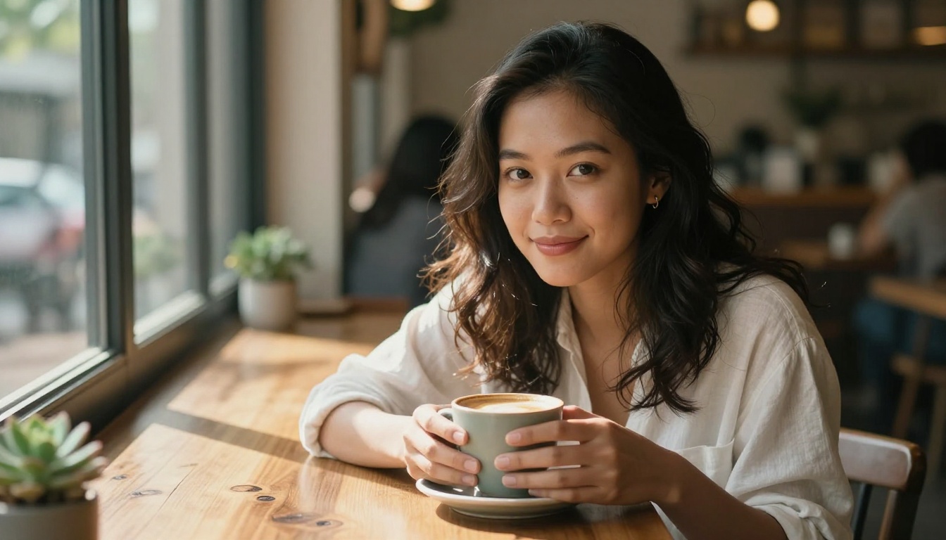 A beautiful Southeast Asian woman with warm golden-brown skin sitting at a sunlit cafe table, both hands wrapped around a coffee cup, looking warmly at the camera with a knowing smile