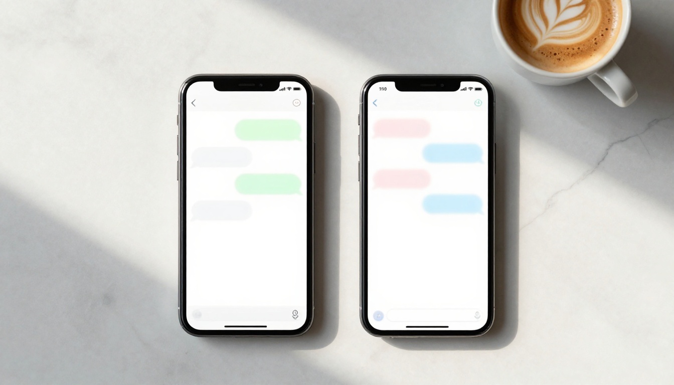 Two smartphones placed side by side on a white marble surface, morning light casting diagonal shadows, clean lifestyle photography