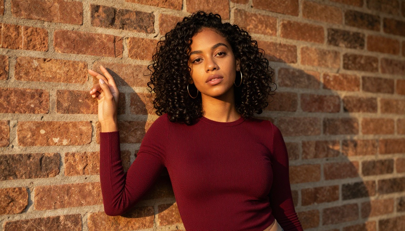 A confident Latina woman with glossy dark curls and caramel skin posing against a warm brick wall in soft afternoon sidelight, direct and warm eye contact