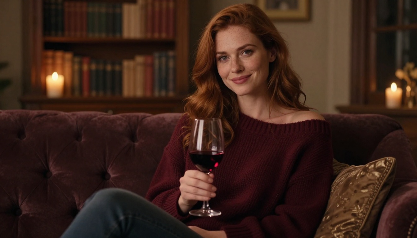 A beautiful European woman with auburn hair sitting cross-legged on a velvet sofa, holding a glass of red wine, relaxed intimate smile, warm candlelight in the background