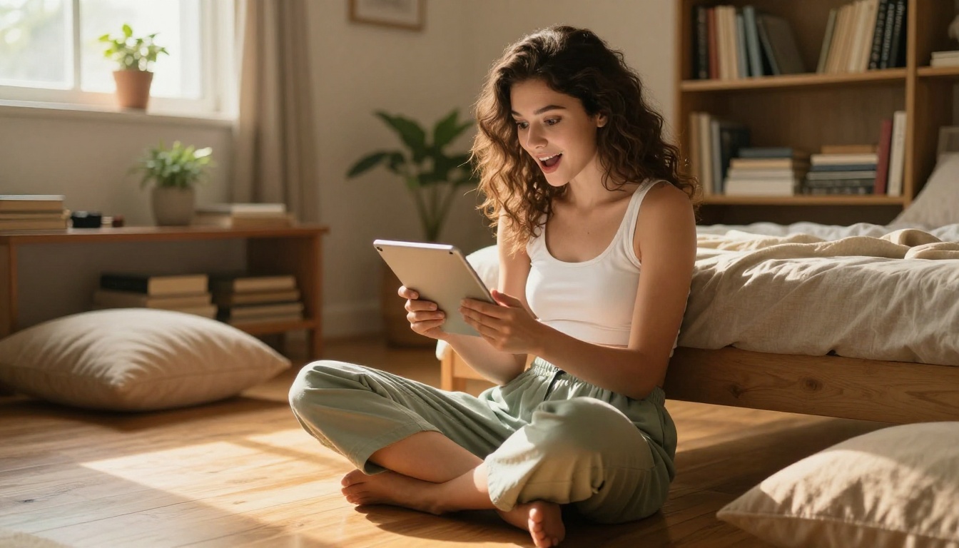 A young woman sitting cross-legged on a living room floor browsing a tablet with a delighted expression, warm afternoon light