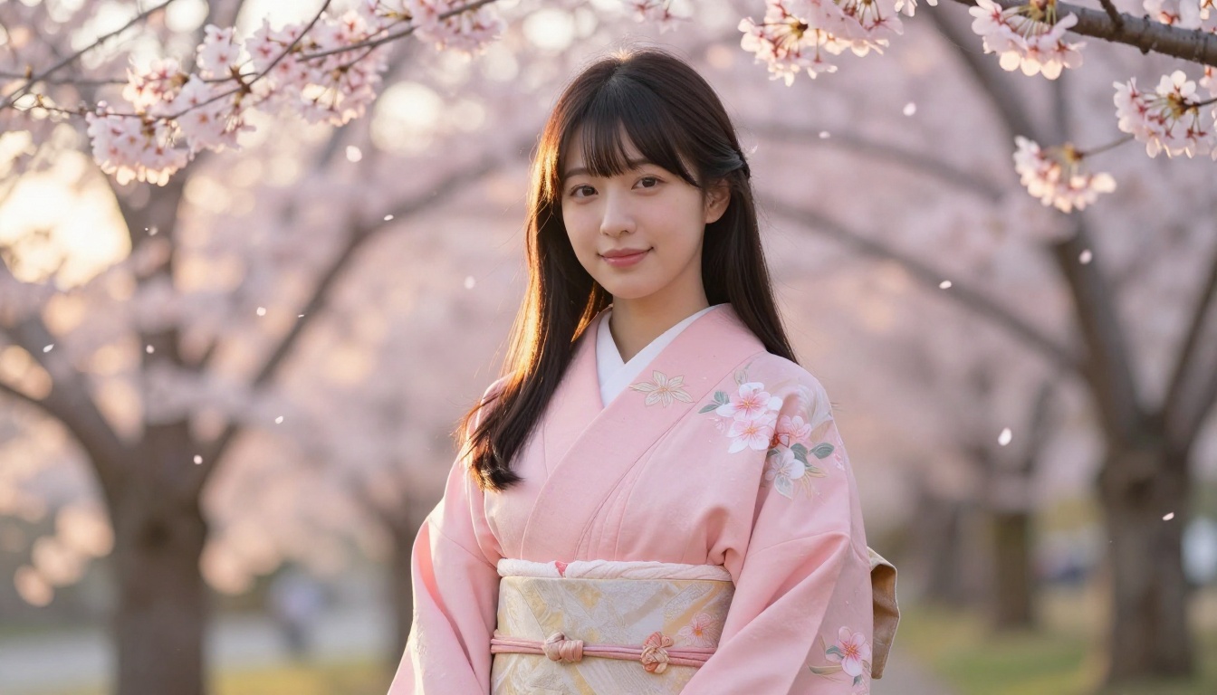 A beautiful Japanese woman in a pastel sakura-pink kimono with floral embroidery, standing in a cherry blossom garden at golden hour with soft pink petals floating around her