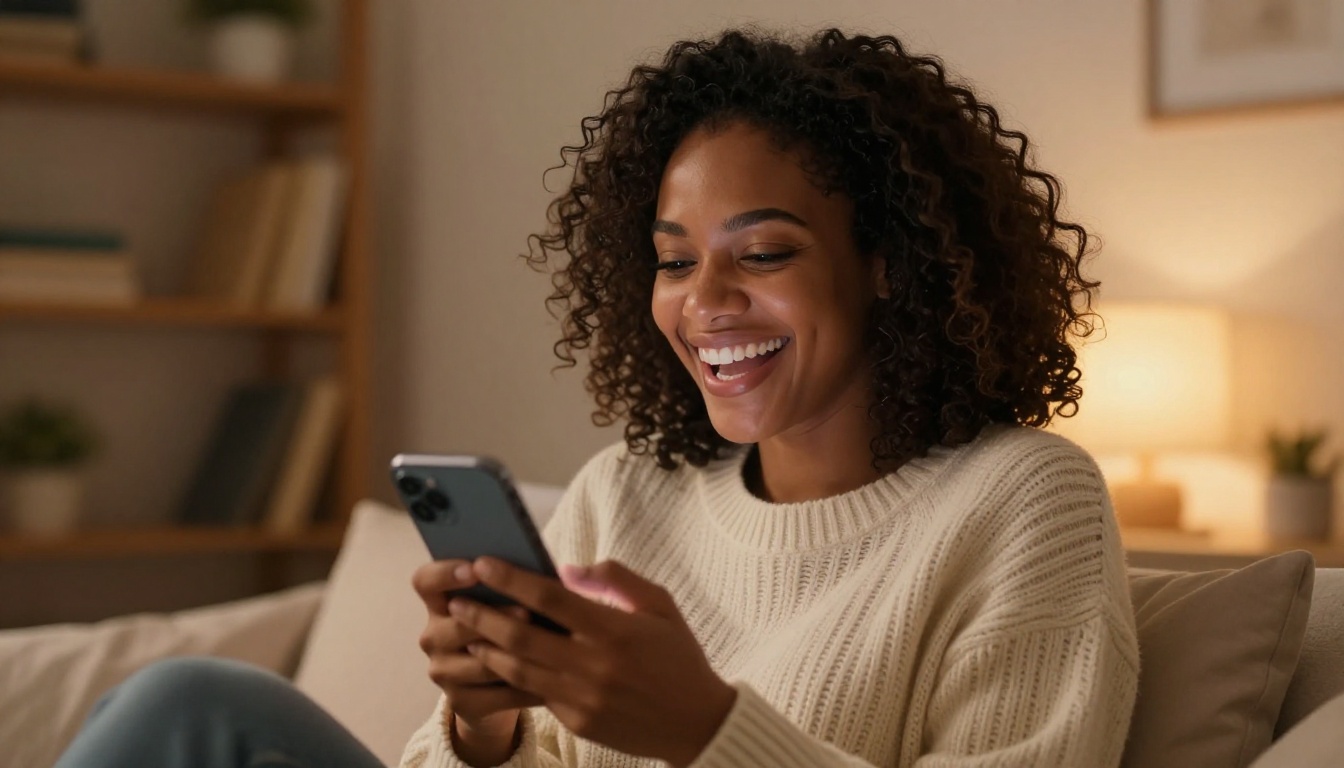 A beautiful African woman with natural coily hair holding a smartphone against her chest, mid-genuine laugh, warm amber bedside lamp light in a cozy bedroom