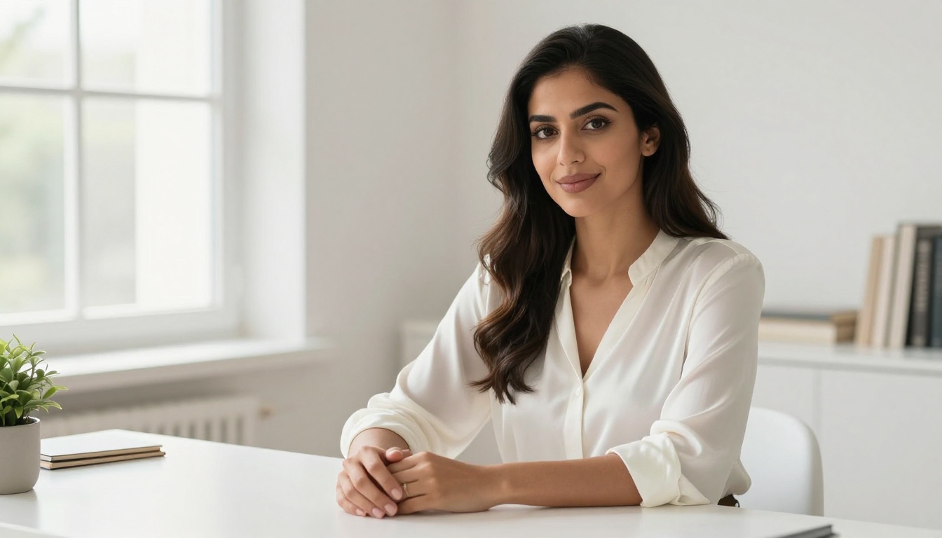 A poised Middle Eastern woman with long silky dark hair seated at a minimalist sunlit desk in a home office, soft confident smile, bright diffused morning light from the left