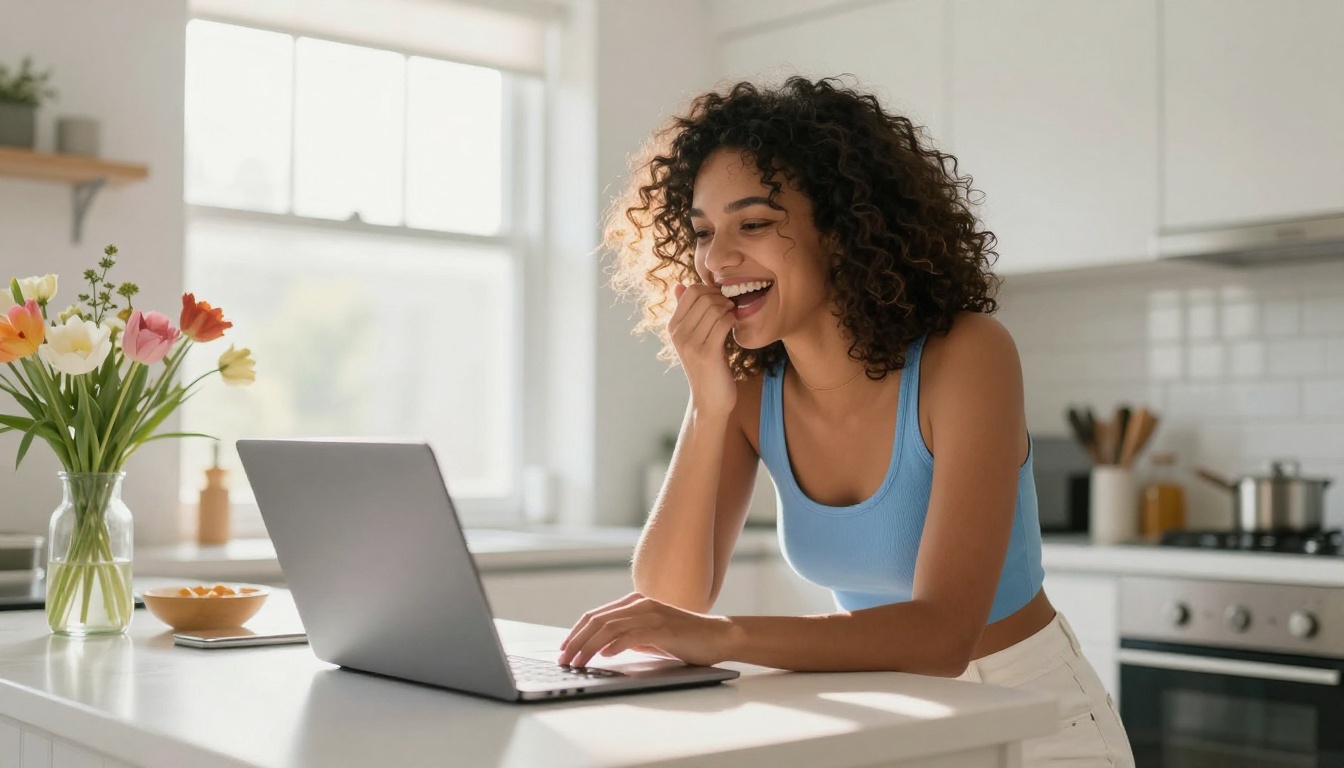 A young woman with natural curly hair laughing at a laptop in a bright kitchen, morning light, fresh flowers nearby