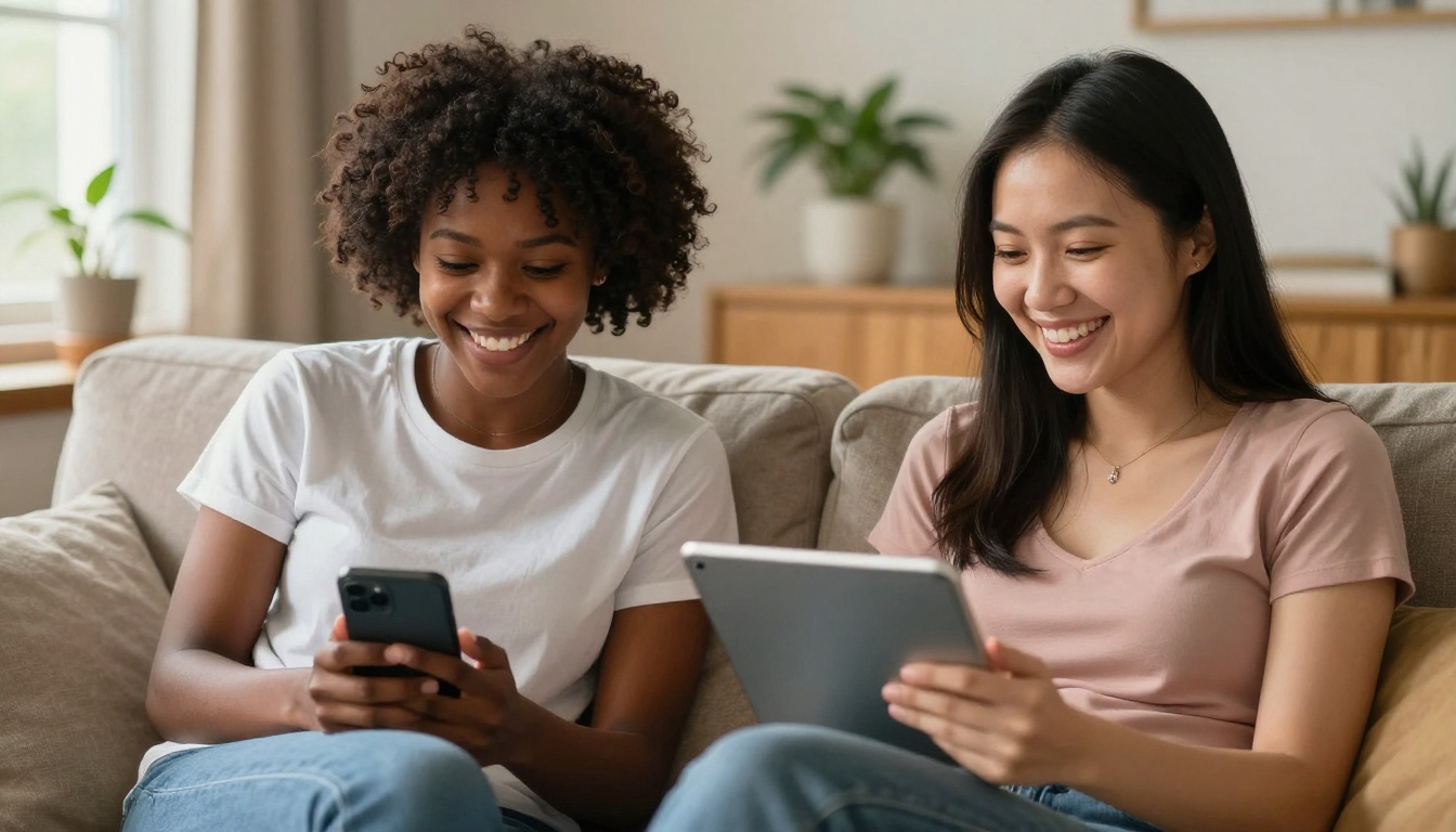 Two beautiful women sitting together on a sofa, one laughing at her phone and one smiling at a tablet, warm cozy living room, genuine connection