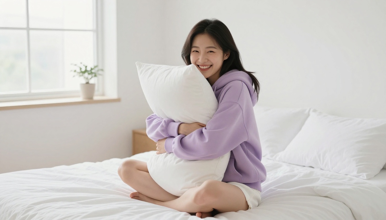A beautiful Korean woman in a soft pastel lilac hoodie sitting on a white bed, hugging a pillow with a playful grin and crinkled eyes, bright clean daylight from the window