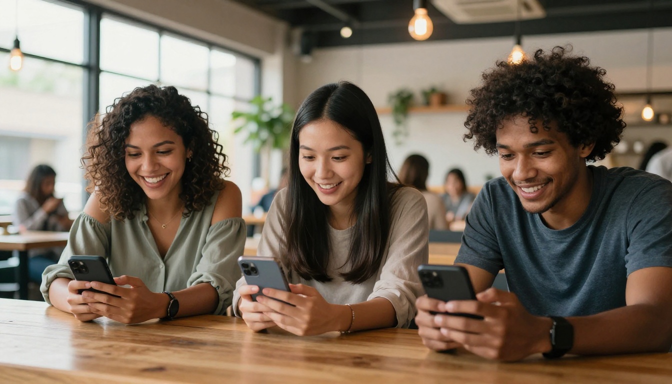 Diverse group of people enjoying uncensored AI on their phones in a modern cafe