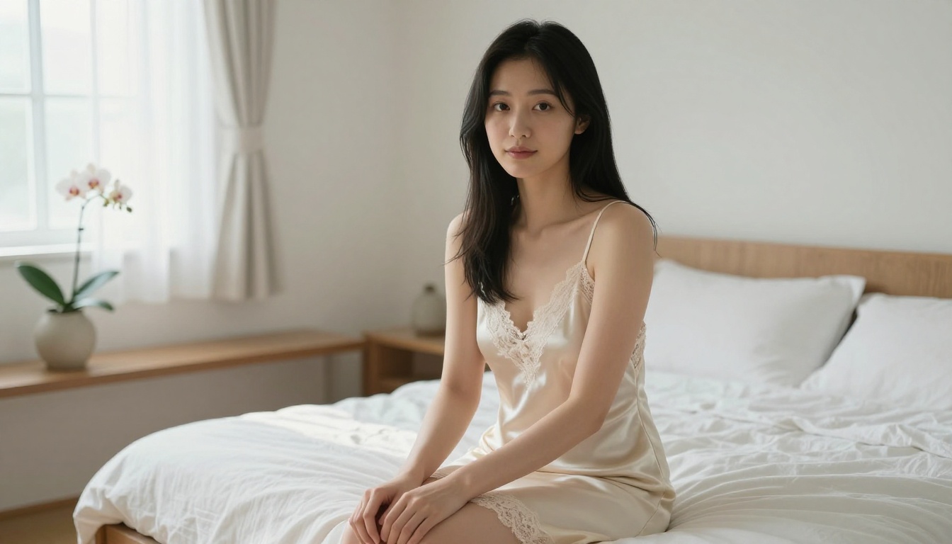 Japanese AI companion sitting in a minimalist apartment with morning light