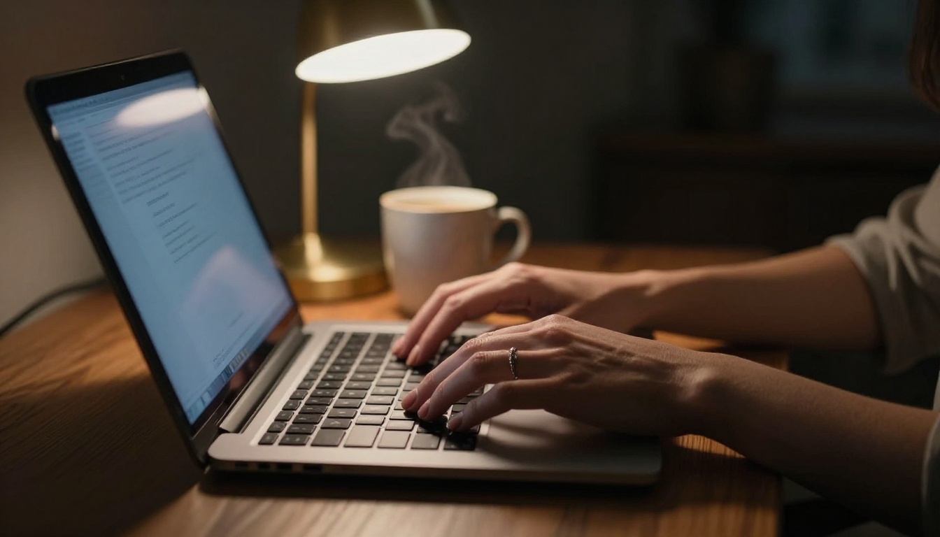 Hands typing on a laptop at night with warm desk lamp light