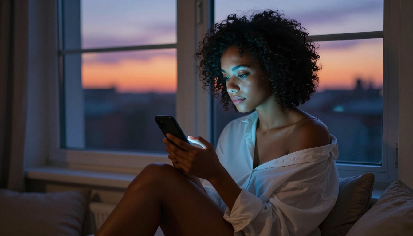 Mixed-race woman looking at her phone at dusk with contrasting warm and cool light