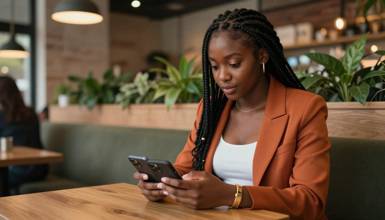 Black woman comparing two phones with a knowing expression in a warm cafe booth