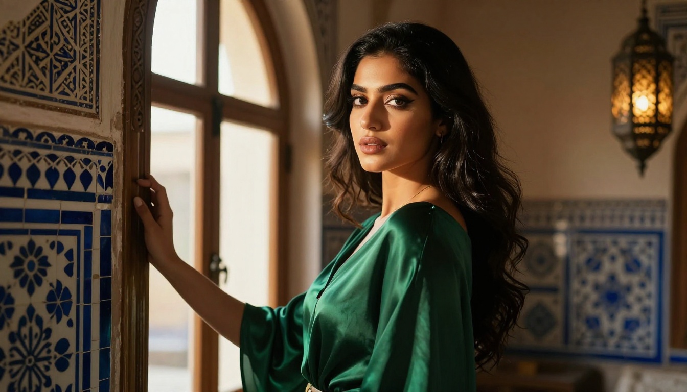 Middle Eastern woman in emerald silk blouse standing by a Moroccan arched window