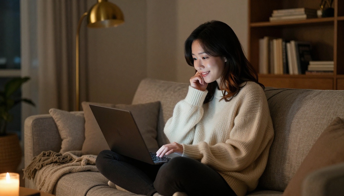 Korean-American woman curled up on a sofa with laptop in a cozy nighttime apartment