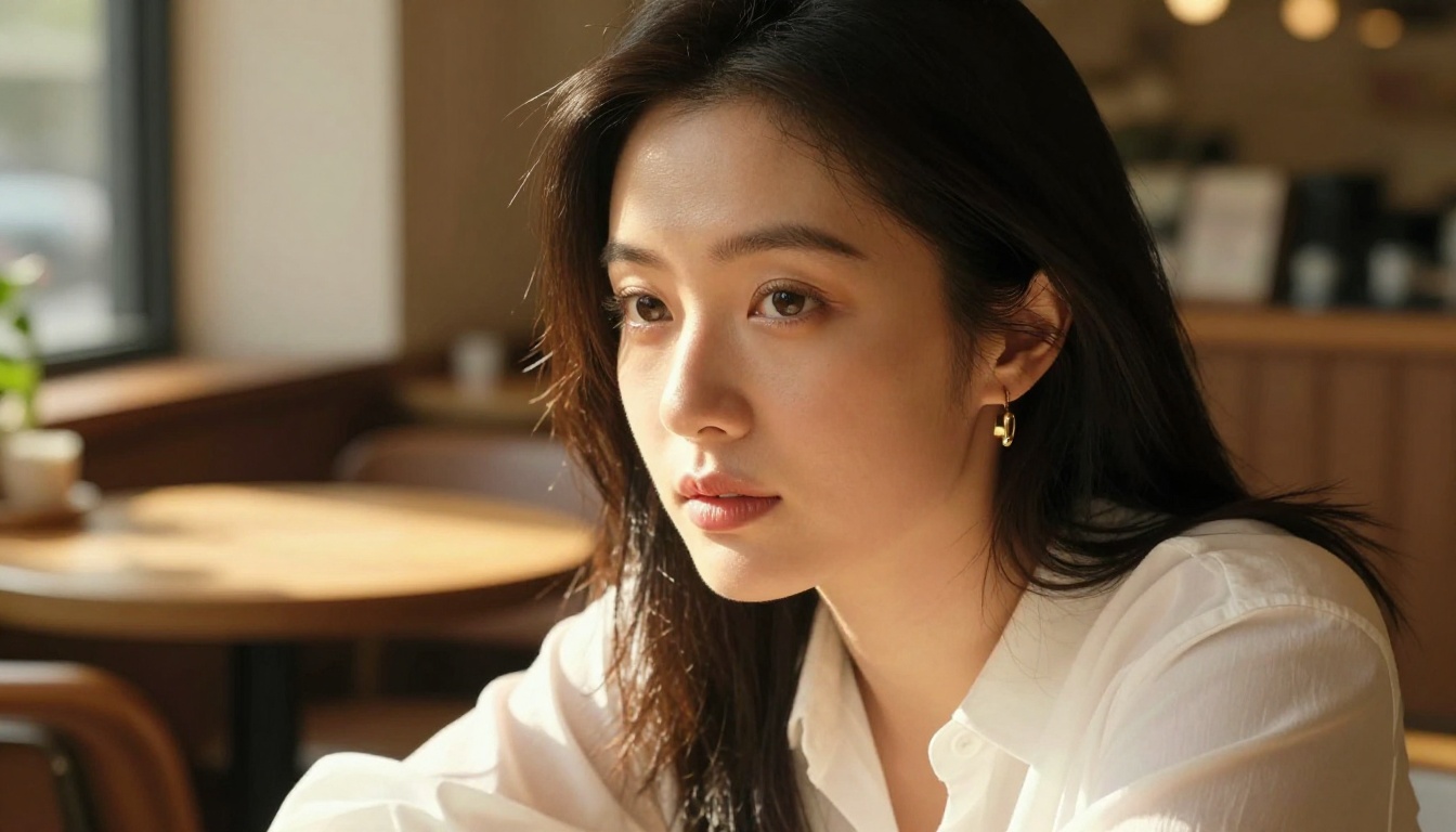 A beautiful Asian woman at a sunlit cafe gazes into the camera with warm recognition, as if she remembers exactly what you told her last week
