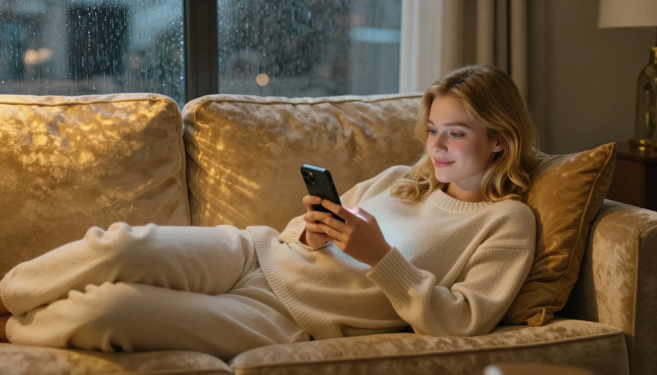Woman typing on phone, relaxed and completely at ease on velvet sofa