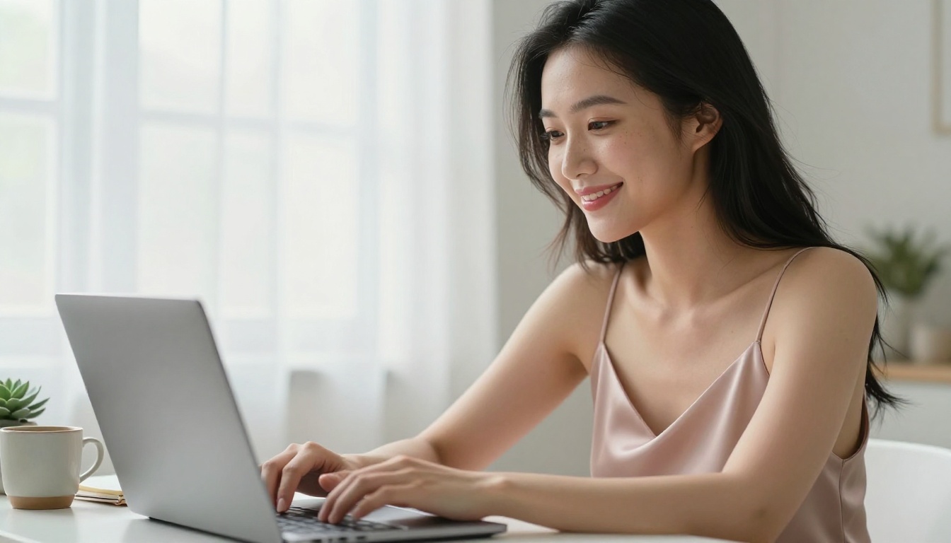 A beautiful Asian woman at her desk smiling at a laptop screen, morning light flooding through a window