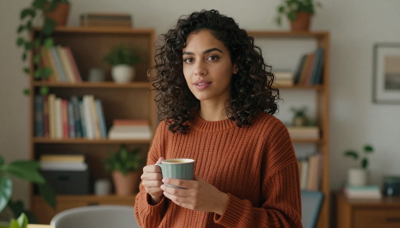A beautiful Latina woman mid-conversation, animated and engaged, her expression capturing the warmth of a real voice exchange