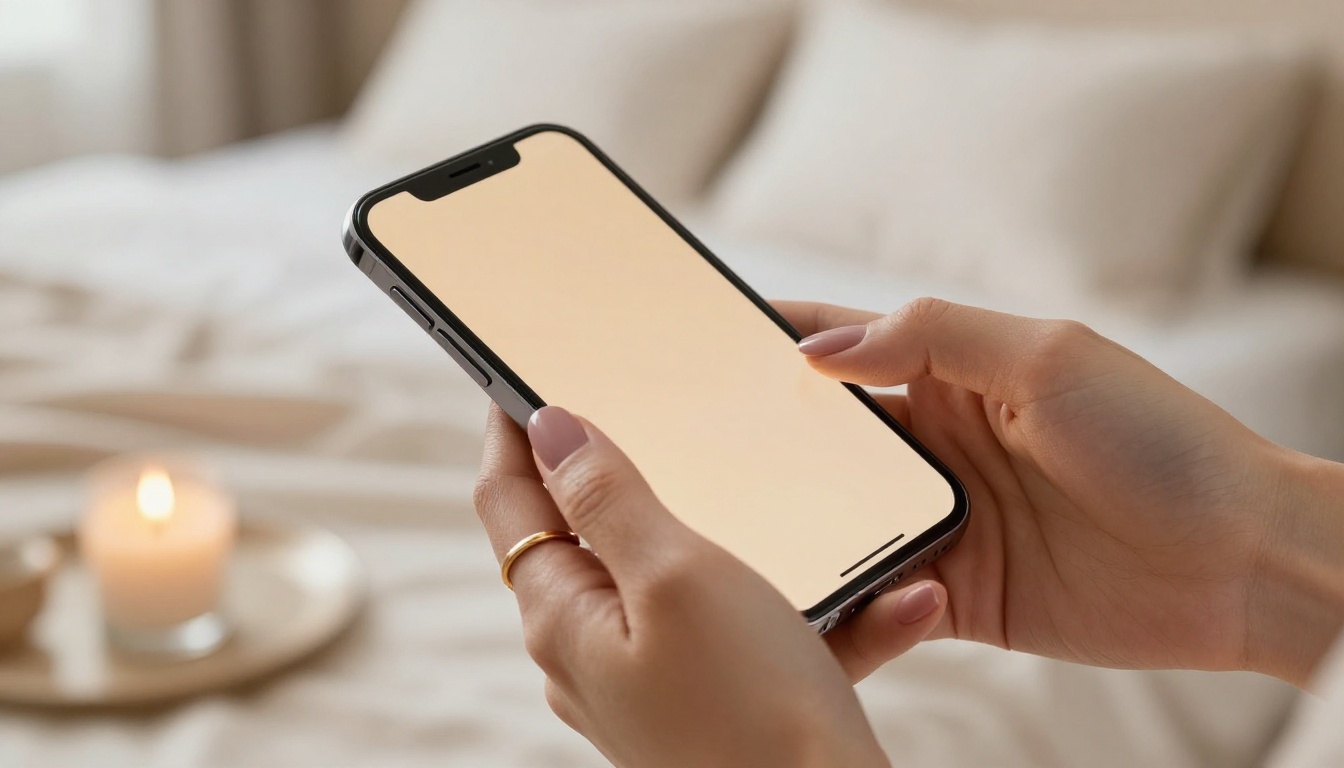 Close-up of feminine hands holding a phone with warm screen glow and candle ambiance