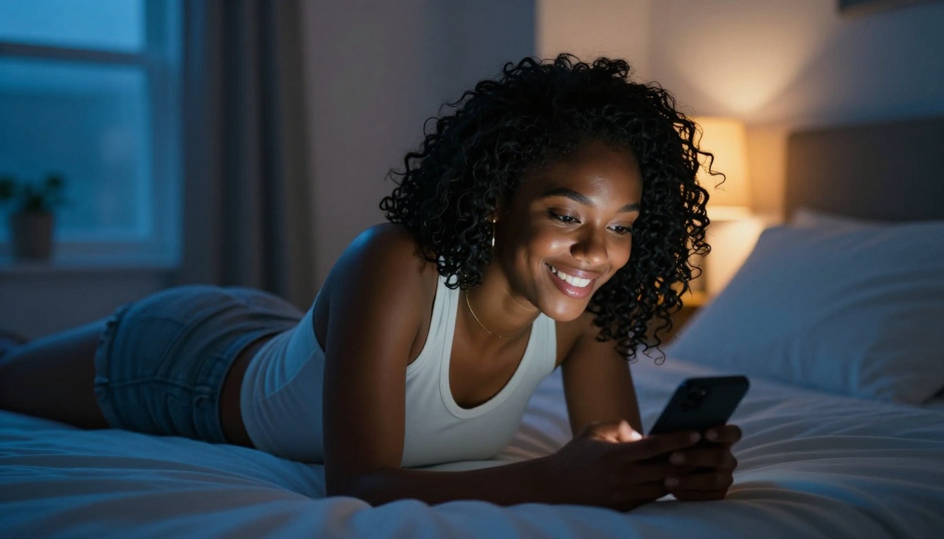 A beautiful African American woman lying on her bed, smiling playfully at her phone, blue-hour moody light