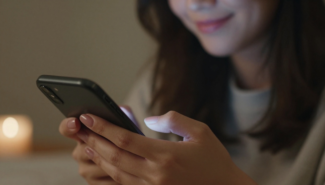 Close-up of hands typing on a smartphone in a dimly lit cozy setting, screen glow illuminating fingertips