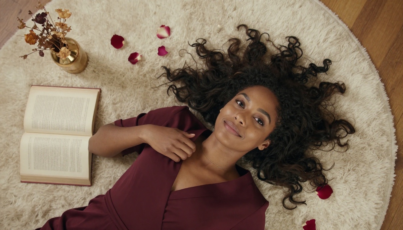 A stunning woman lying on a cream rug surrounded by rose petals, looking directly up at the camera, representing the diversity and depth of Private Crush's character gallery
