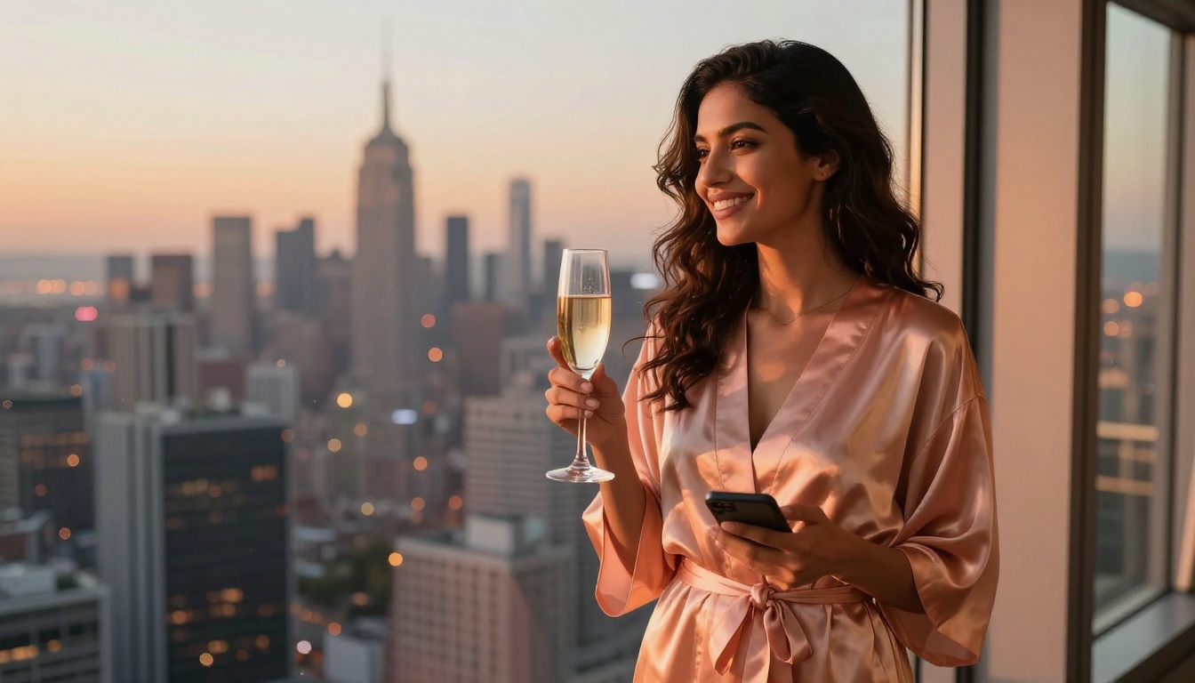 Middle Eastern woman standing at a floor-to-ceiling window with a warm dusk city skyline