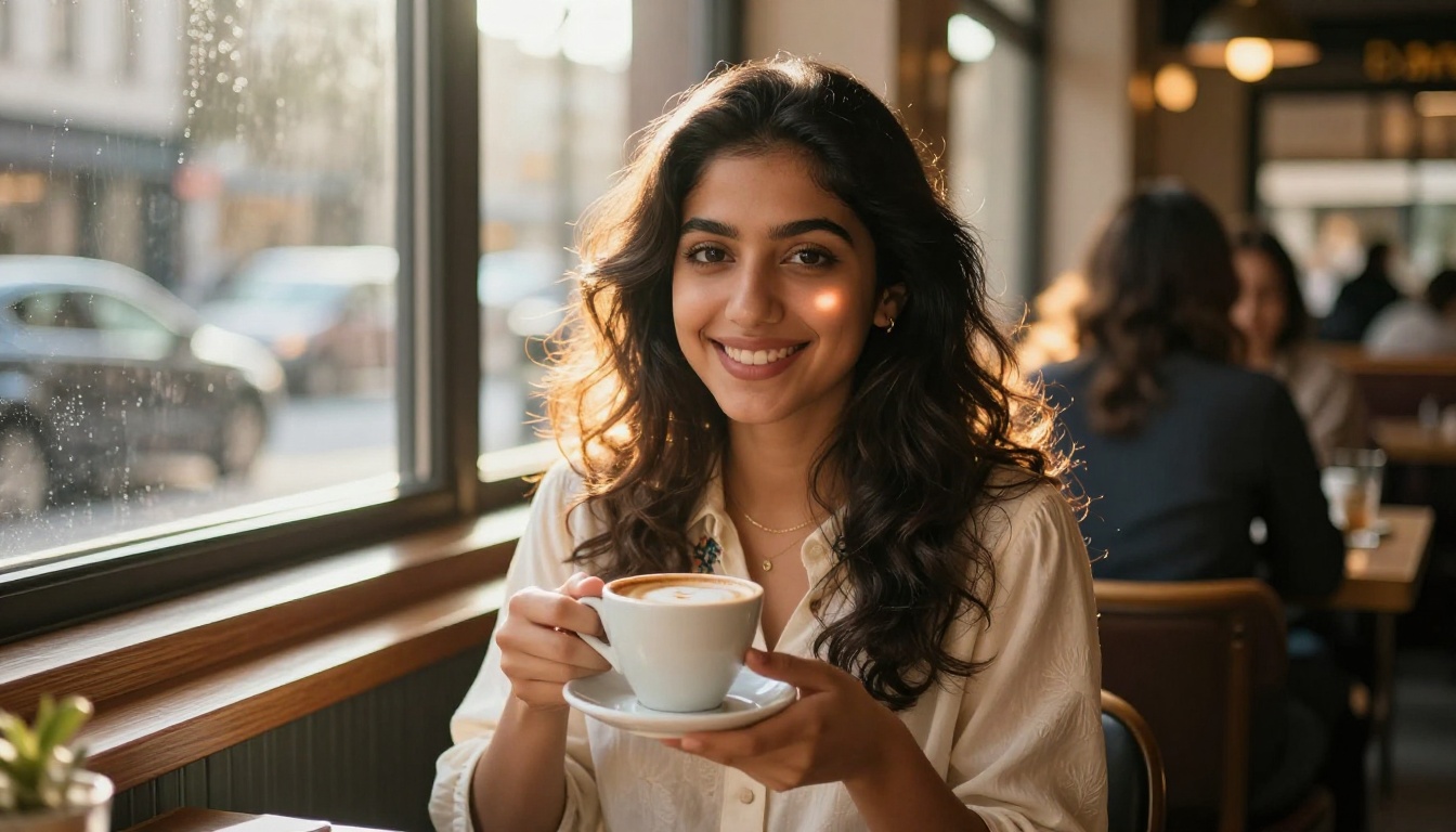 A beautiful Middle Eastern woman at a café window holding a cappuccino, warm golden afternoon light