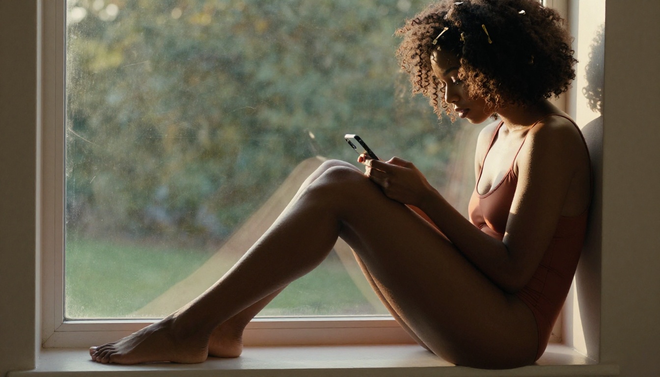 Black woman sitting on a window ledge in terracotta bodysuit with dramatic afternoon light
