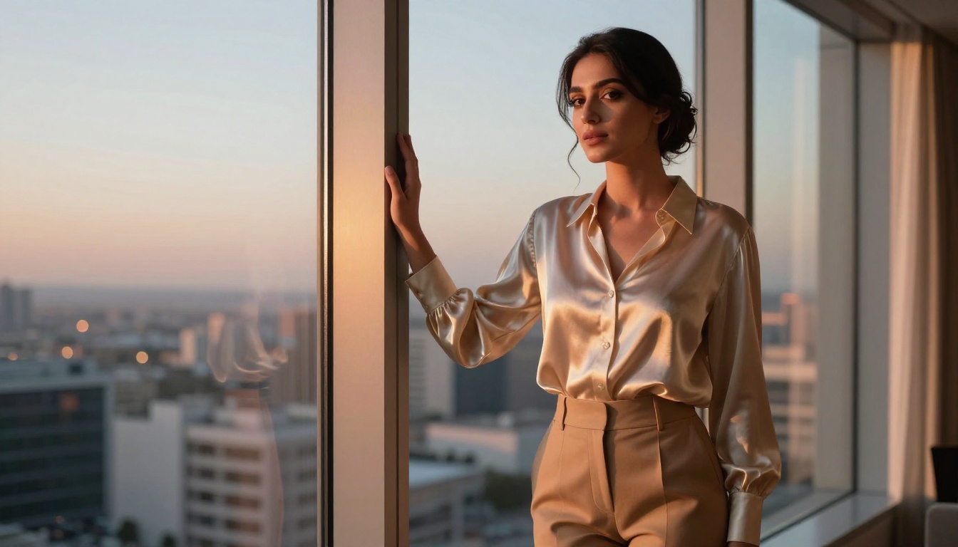 An elegant Middle Eastern woman near a window at dusk, the premium aesthetic and warmth of Private Crush's characters clear in every detail