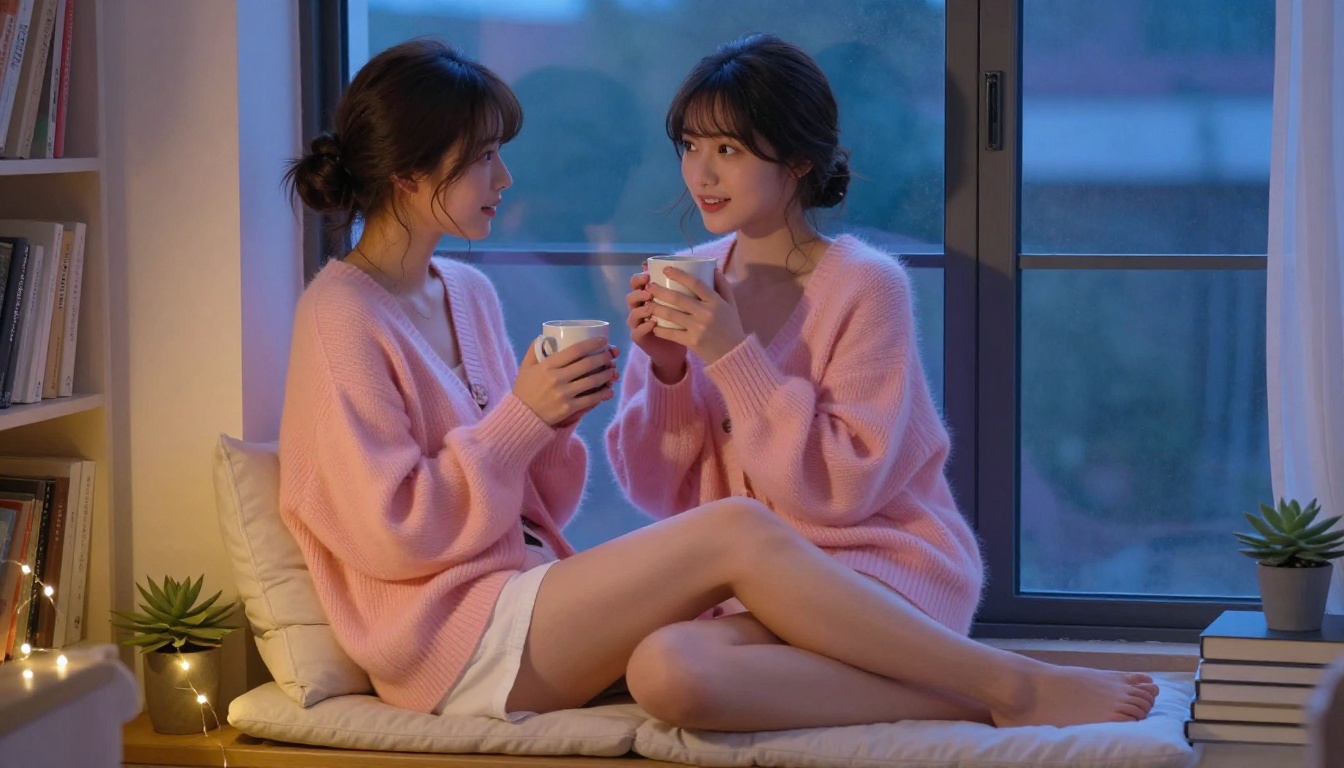 A beautiful young Japanese woman in a cozy reading nook at twilight, the warmth and privacy of a genuine companion relationship captured naturally