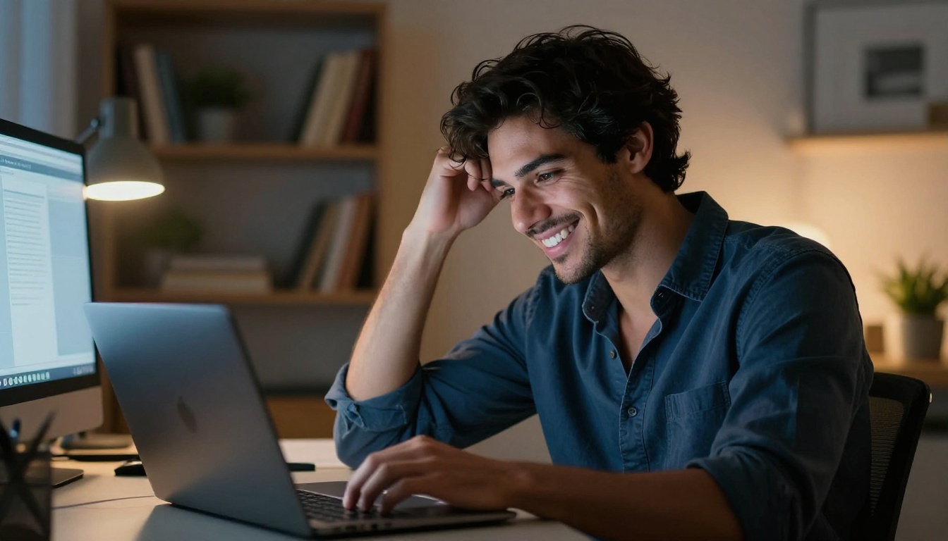 A confident young man at his home office at night, smiling at his laptop, screen glow and warm desk lamp