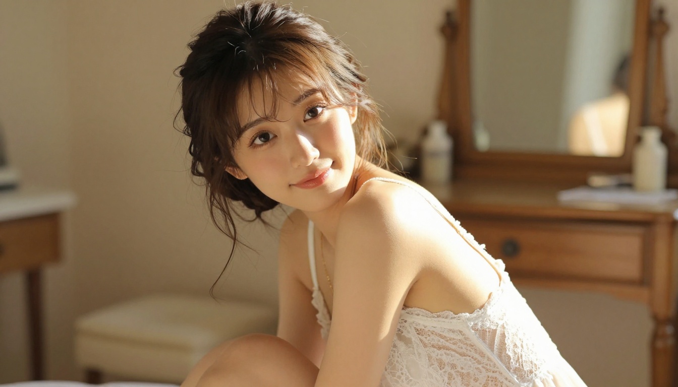A beautiful young Japanese woman in white lace lingerie sitting at a vanity, warm golden-hour light, artistic and tasteful pose