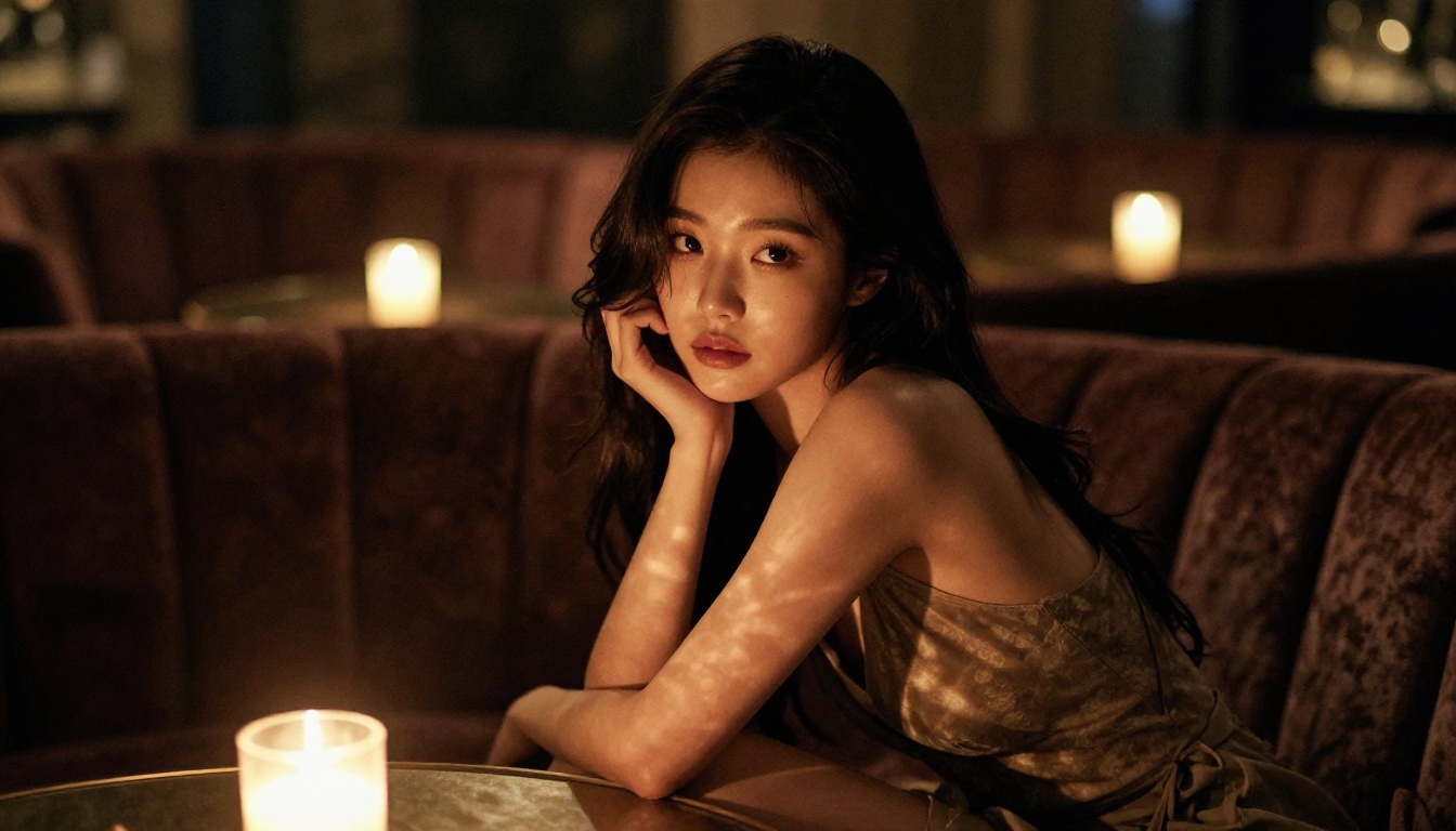 An elegant Korean woman in a candlelit lounge, the sensual artistic atmosphere that defines Private Crush's aesthetic at its most compelling