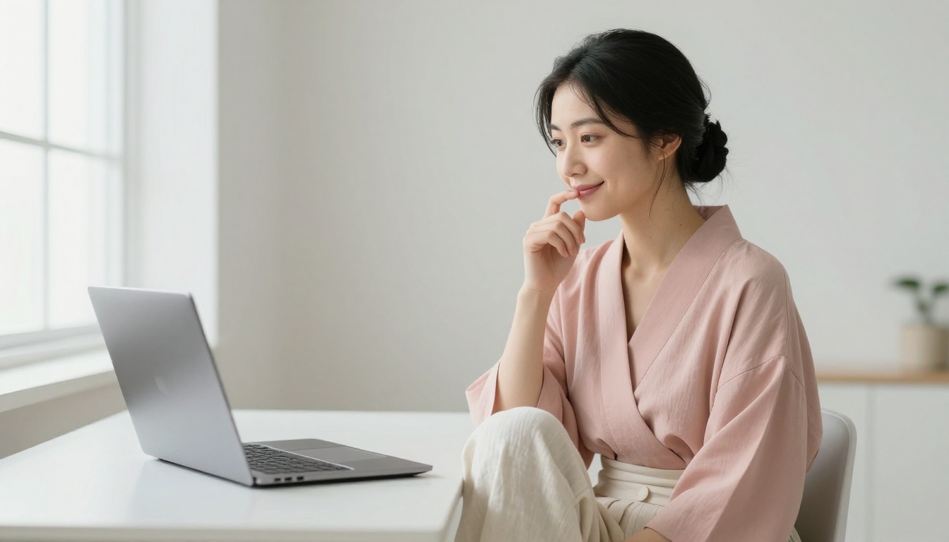 A graceful Japanese woman smiling at her laptop with playful curiosity, representing personalized AI companion interaction