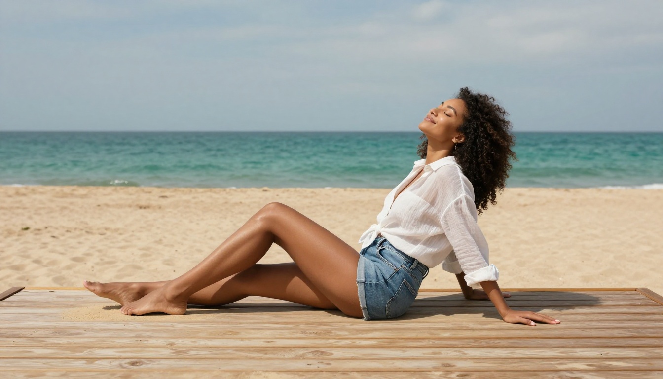 A mixed-race woman relaxing barefoot on a sunny beach wooden deck with a serene smile, representing the diversity of AI companion options