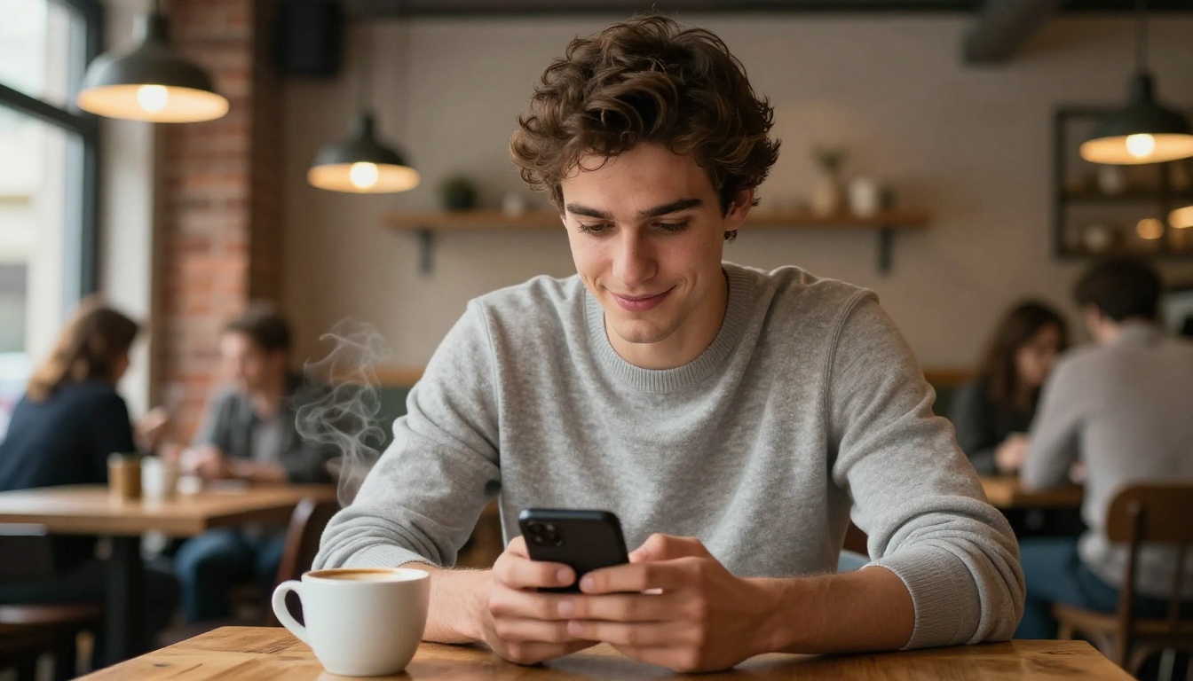 A handsome young man at a café looking at his phone, typing a message with a warm smile